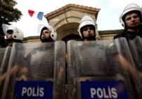 Turkish police guard the French consulate in Istanbul during an October 8 protest against a French 'Armenian genocide' bill (epa)