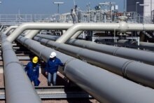 Germany/Russia -- The pipeline systems of the new compressor tube owned by natural gas provider Wingas, a German-Russion cooperation, Eischleben, 3 May 2006