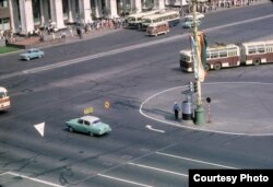 Manezhnaya Square in Moscow, with the old Moscow Hotel just visible at the top. It was torn down in 2004 to make way for a new hotel.