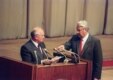 Russian President Boris Yeltsin (right) forces Mikhail Gorbachev to read out a list of those who supported the August 1991 putsch (AFP)