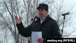 Lukpan Akhmedyarov speaks at a protest rally in Oral last month.