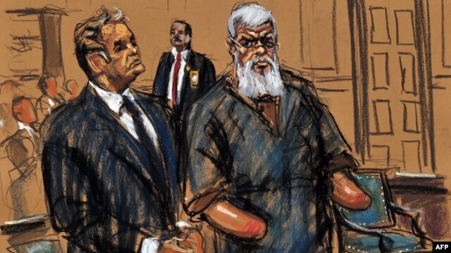 A courtroom sketch shows radical Islamist preacher Abu Hamza al-Masri (right) in a U.S. federal court for his arraignment on October 9.