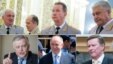 Viktor Zolotov (top, center) is up. Vladimir Yakunin (bottom, left), Viktor Ivanov (bottom, center) and Sergei Ivanov (bottom, right) are down.