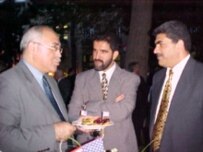 Musavat head Qambar (left) with party activists Arifoglu  (center) and Akper (file photo) (RFE/RL)
