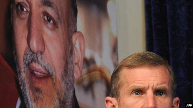 U.S. General Stanley McChrystal speaks in Lashkar Gah, Afghanistan, in February.