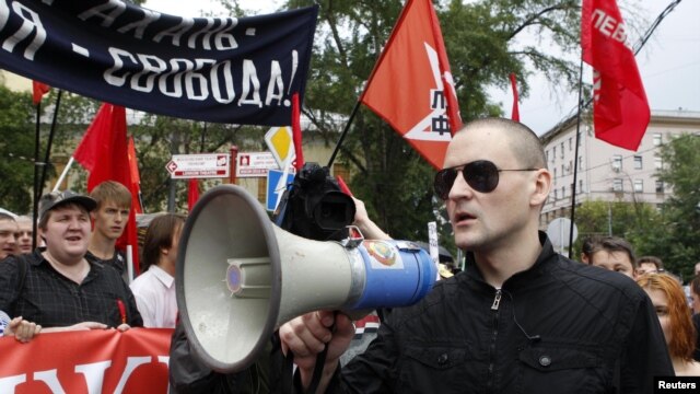 Left Front leader Sergei Udaltsov speaks at an antigovernment protest in Moscow on June 12.