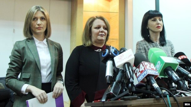 Special Public Prosecution office prosecutors Katica Janeva (left to right), Lence Ristevska, and Fatime Fetai hold a press conference.