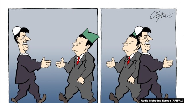 Karikatura Predraga Koraksića Coraxa - Hašim Tači i Ivica Dačić