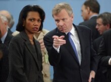 Belgium -- Rice, Condoleezza  with NATO Secretary General, Japp de Hoop Scheffer, 8 Dec. 2005