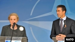 Former U.S. Secretary of State Madeleine Albright with NATO Secretary-General Anders Fogh Rasmussen in Brussels in September 2009