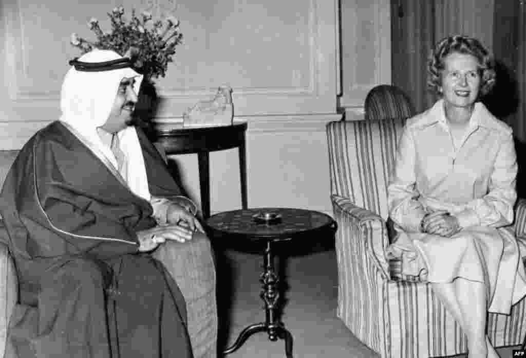 Margaret Thatcher meets with Saudi Arabian King Fahd bin Abdul Aziz at 10 Downing Street in London.