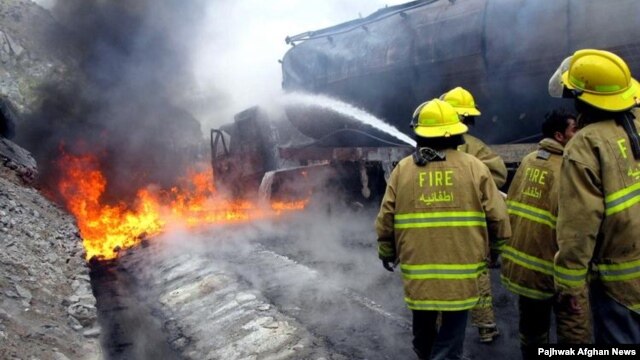 A rocket attack struck this fuel tanker carrying NATO supplies in the eastern Afghan province of Nangarhar in November 2009.