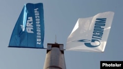 The banners of ArmRusgazprom and Gazprom fly side by side.