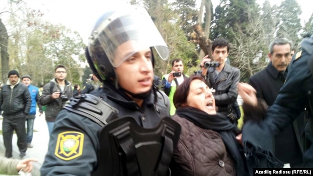 Protesters in Baku are detained after gathering on January 26 to express solidarity with recent protests in the central town of Ismayilli.