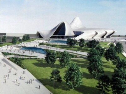 Architect's illustration of the new Heidar Aliyev Cultural Center in Baku, now being built by Turkish-Azerbaijani partnership Dia Holding