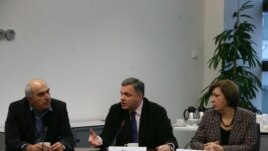 David Kakabadze of RFE's Georgian Service sits with the Georgian Deputy Prime Minister Giorgi Baramidze and Nina Nakashidze, Georgia’s Ambassador to the Czech Republic