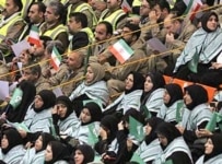 Men and women sitting in segregated seating at a recent meeting of Basij activists in Tehran (Fars)