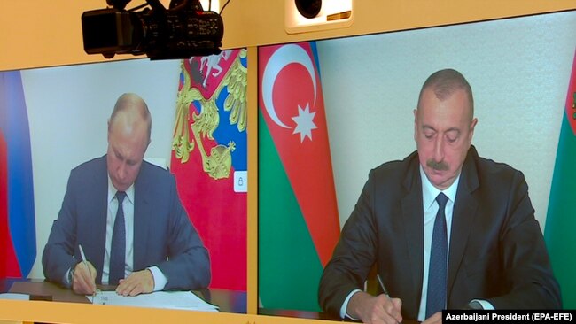 Qarabağda atəşkəslə bağlı birgə bəyanatın imzalanması, ,Azərbaycan prezidenti İlham Əliyev və Rusiya prezidenti Vladimir Putin, 9 noyabr 2020