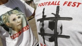 Supporters of Yulia Tymoshenko at a protest tent camp in central Kyiv on June 25