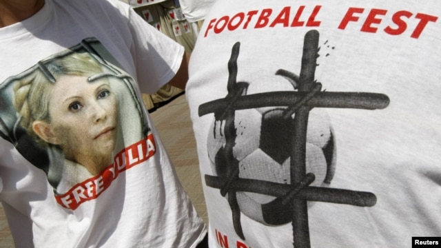 Supporters of Yulia Tymoshenko at a protest tent camp in central Kyiv on June 25