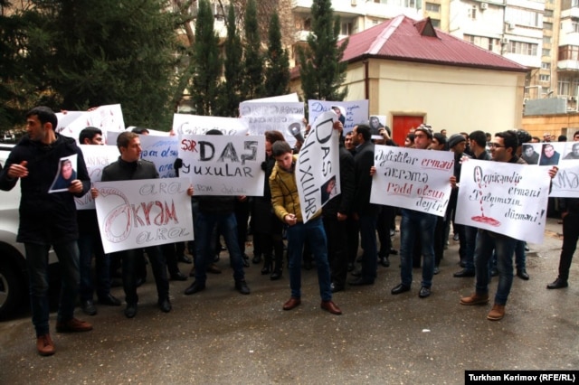 A protest in front of author Akram Aylisli's home in Baku on January 31