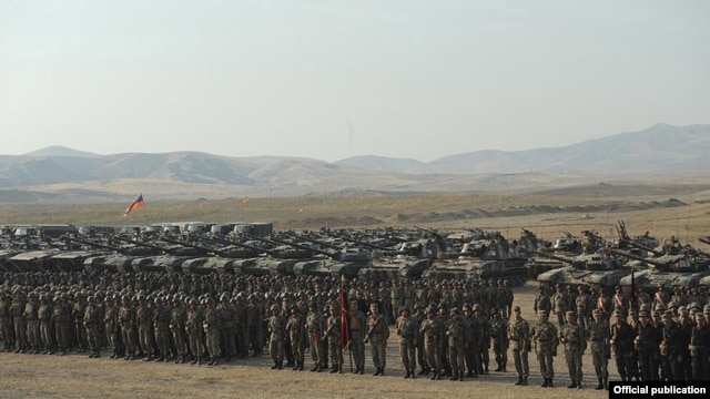 Nagorno-Karabakh - Karabakh Armenian troops, tanks and other military hardware lined up after ending a military exercise, 23Oct2012.