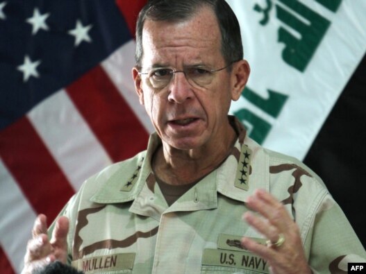 The chairman of the U.S. Joint Chiefs of Staff, Admiral Michael Mullen, speaks during a press conference in Baghdad on August 2.