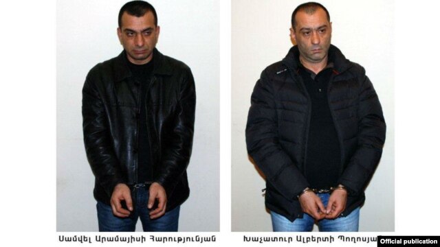Armenia - The two men arrested on suspicion of shooting the presidential candidate Paruyr Hayrikian, Yerevan, 08Feb2013.