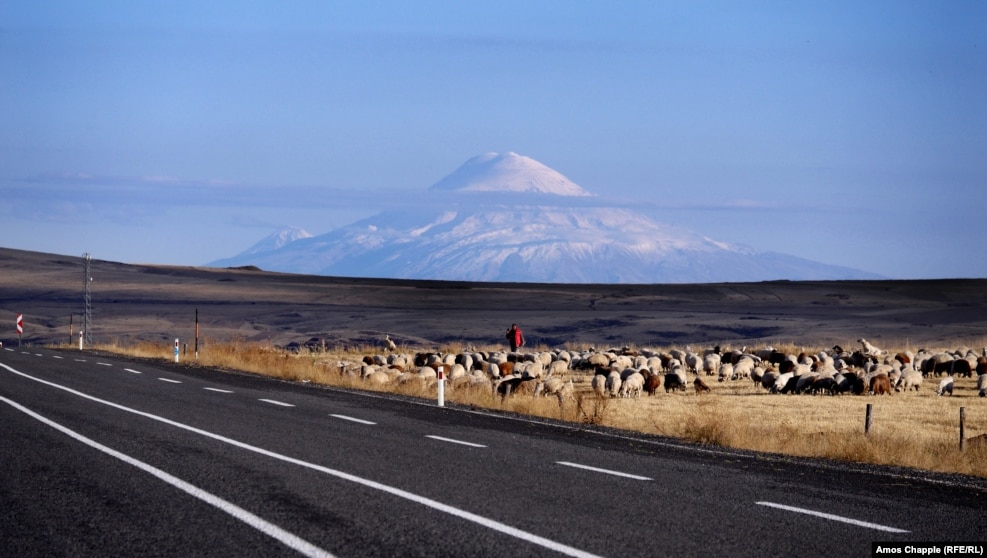 On the plains around Ani, Mt. Ararat, the fabled landing place of Noah&#39;s Ark, looms above the landscape. Ararat features on the coat of arms of Armenia but today lies within Turkish borders.