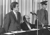 Viktor Bryukhanov (left) and chief engineer Nikolai Fomin appear in a Soviet court in 1987 (ITAR-TASS)