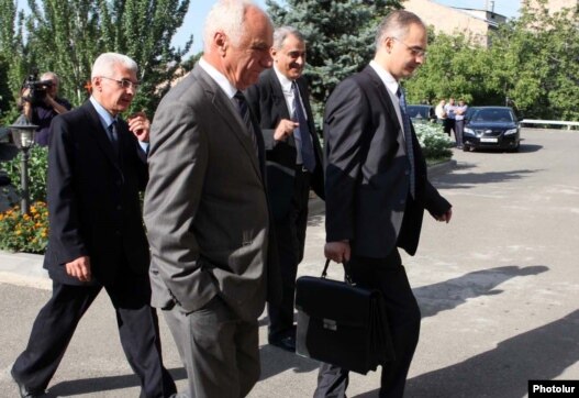 Representatives of the opposition Armenian National Congress arriving for a meeting with government negotiators on August 16.
