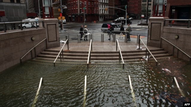 Water floods shops in Manhattan, in New York City, on October 30 in the wake of Sandy.
