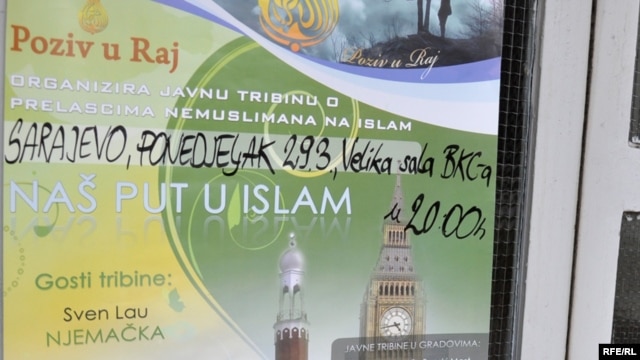 A poster in Sarajevo calls for debate on "non-Muslims converting to Islam."