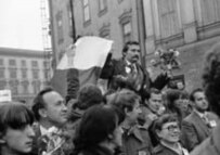 Lech Walesa being carried by supporters through the streets of Kracow, 18 October 1980