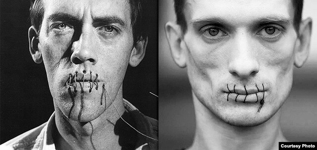 Rəssamlar David Woinarowicz və Petr Pavlensky ağızlarını tikiblər.