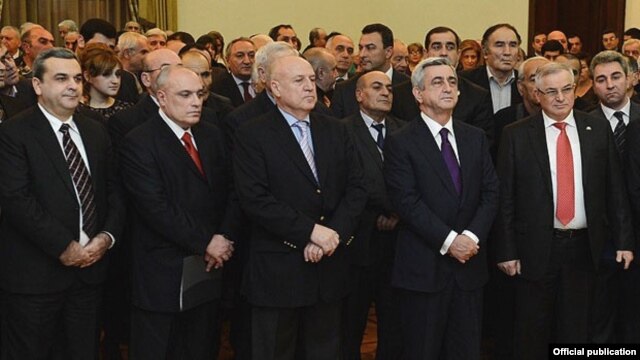 Armenia - President Serzh Sarkisian (second from right) attends the presentation of a new book by pro-government MP Artashes Geghamian (C), Yerevan, 20Dec2012.