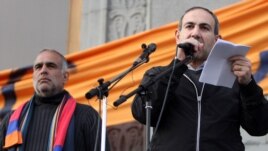 Armenia - Nikol Pashinian (R) addresses a rally in Yerevan's Liberty Square organized by fellow opposition leader Raffi Hovannisian (L), 15Mar2013.