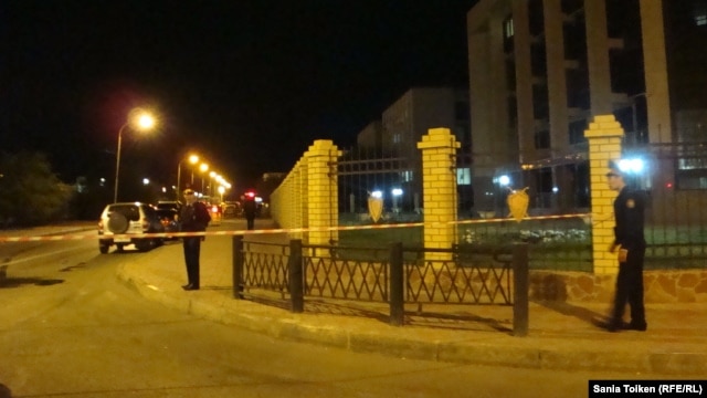 Kazakh police cordoned off the area around the Interior Ministry offices where the blast hit on September 15.