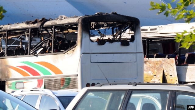 The damaged bus at Burgas airport following the attack