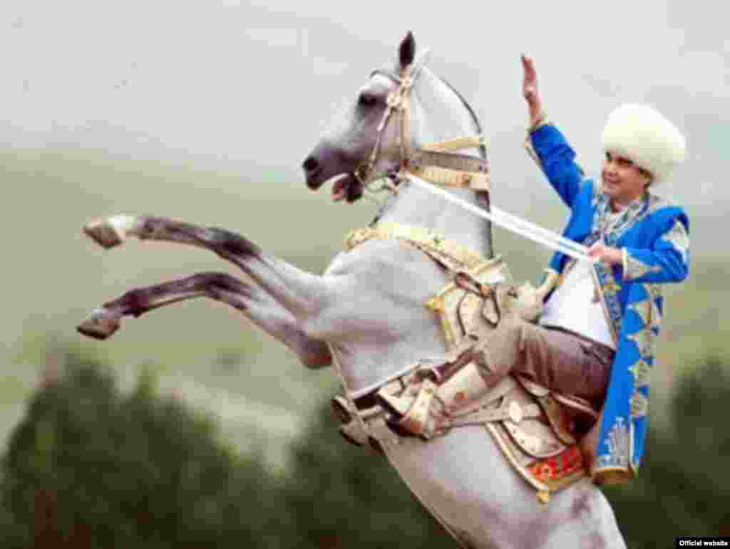 No Turkmen presidency is complete without a photo on a horse. Here, Berdymukhammedov is pictured astride a white Akhal-teke stallion. Other equestrian portraits up the ante by adding a white dove landing on the president's shoulder.