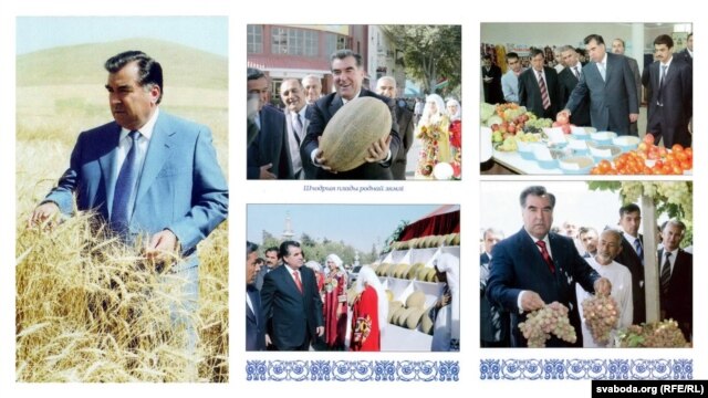 Tajikistan's president surrounded by food. 