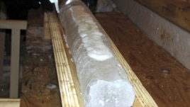 An ice core is seen in April 2010 at the Russian camp above Lake Vostok.