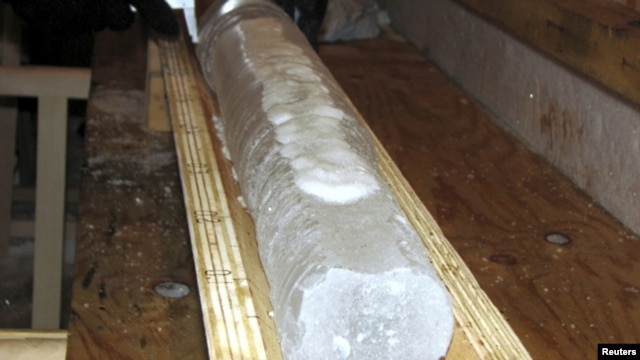 An ice core is seen in April 2010 at the Russian camp above Lake Vostok.