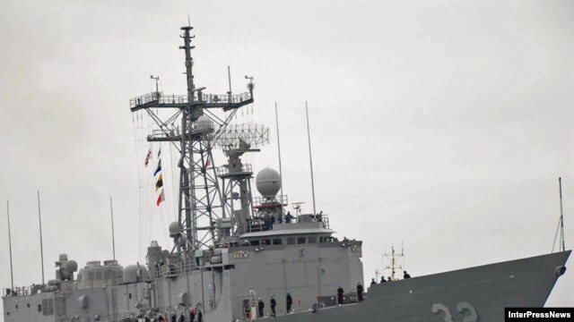 The "USS John L. Hall" anchored at the Black Sea port of Batumi on March 1.