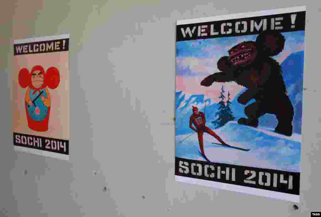 Other posters show terrifying interpretations of Russian cultural icons: a matryoshka doll and the Soviet-era animated character Cheburashka.