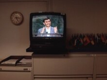 Iran -- TV monitor at UN HQ shows President Ahmadinejad speech to UN on 25sep2007