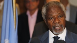 UN peace envoy Kofi Annan speaks to the media at a hotel after returning from a meeting with President Bashar al-Assad in Damascus on July 9. 