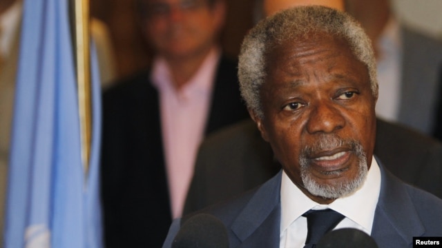UN peace envoy Kofi Annan speaks to the media at a hotel after returning from a meeting with President Bashar al-Assad in Damascus on July 9. 