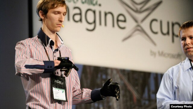 A member of Ukraine's quadSquad demonstrates Enable Talk, which won first place in the software design category at Microsoft's Imagine Cup.