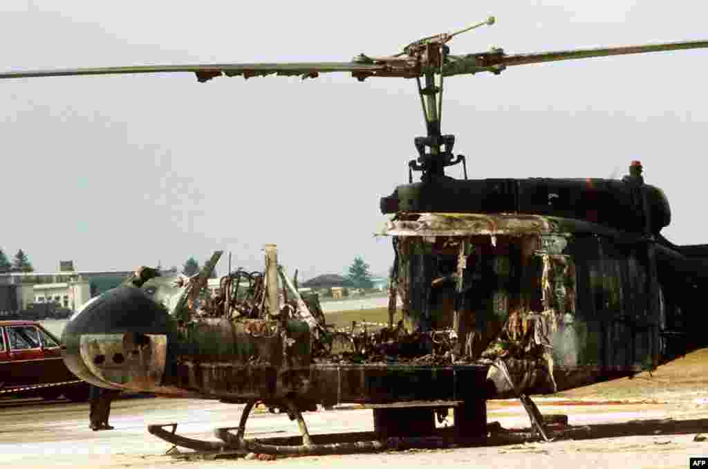 A burned-out, border-police helicopter that was part of the failed rescue operation at the Fuerstenfeldbruck air base near Munich.